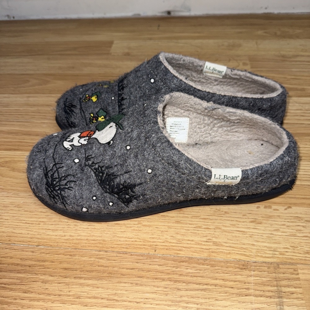 LL Bean Peanuts Womens Daybreak Scuffs Size 11 Gray Fleece Mule Slipper Snoopy - Picture 2 of 6